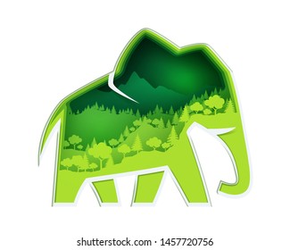 Paper art carve to elephant and forest, digital craft concept nature and animals idea, vector art and illustration.