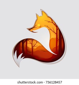 Paper art carve to fox and see through autumn forest, origami concept nature and animals idea, vector art and illustration.