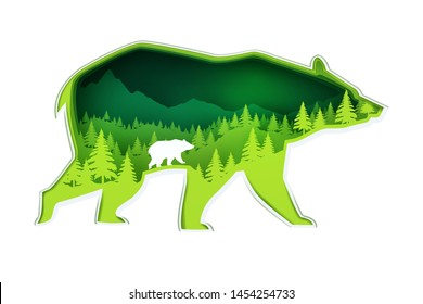 Paper art carve to grizzly bear and forest, digital craft concept nature and animals idea, vector art and illustration.