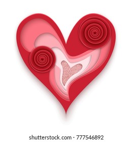 Paper art carve of red heart silhouette and roses. Valentines day concept. Greeting card.