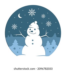 Paper art carve to snowman. Christmas card. Winter landscape. Vector art.