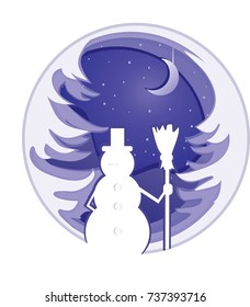 paper art carve snowman on a forest background among the Christmas trees in a ball