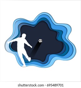 Paper art carve of soccer background with football player, Origami sport concept idea, Symbol of victory and healthy body, Vector illustration Paper art style.