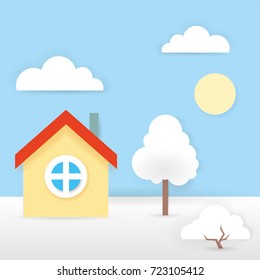 Paper art carve to vacation home in snowy landscape, paper concept lessons in kindergarten and school, unity with nature in minimalism. Paper landscape with house, tree and snow. Vector illustration