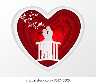 Paper art carve of white couple silhouette of lovers embracing on the bridge in forest, origami concept and Valentine's day idea, vector art and illustration. 