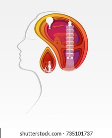 Paper art carve of woman head and landmark of Taiwan, paper art concept  travel , vector art and illustration.Taipei infographic.
