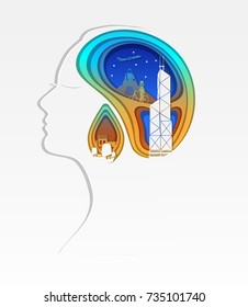 Paper art carve of woman head and landmark of Hongkong, paper art concept Hongkong travel , vector art and illustration.