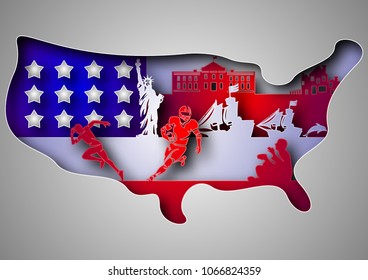 Paper art carves the concept of America. Vector illustration. Abstract logo. Isolated icon. Background of USA. 10 EPS