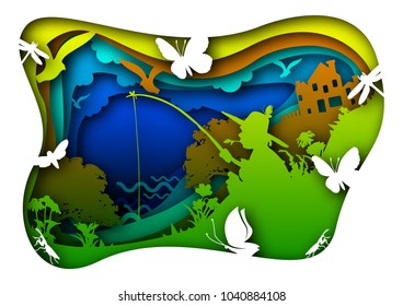 Paper art carves the concept of fishing. Vector illustration. Abstract logo. Isolated icon. Background of nature. 10 EPS