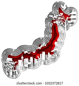 Paper art carves the concept of Japan. Vector illustration. Abstract logo. Isolated icon. Background of Japan. 10 EPS