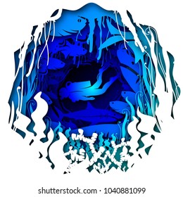 Paper art carves the concept of sea. Vector illustration. Abstract logo. Isolated icon. Background of ocean. 10 EPS