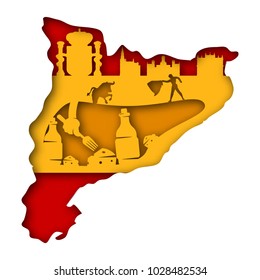 Paper art carves the concept of Spain. Vector illustration. Abstract logo. Isolated icon. Background of Spain. 10 EPS