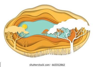 Paper art carving with African landscape. Safari park. Cut style. Vector illustration.