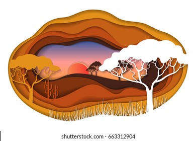 Paper Art Carving With African Landscape. Safari Park. Cut Style. Vector Illustration.