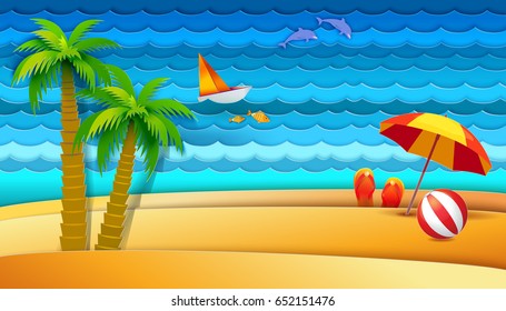 Paper art carving banner with tropical sea waves, beach, palms, slippers, ball and dolphins. Vector illustration in paper cut style. Summer vacation, holidays concept.