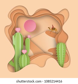  Paper art carving of Desert landscape show sand dune  and cactus plants. paper art style.