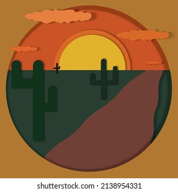 Paper art carving of Desert landscape show sand dune and cactus plants. paper art style.
