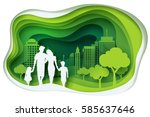 Paper art carving of family and park on green town shape, ecology idea, vector art and illustration.