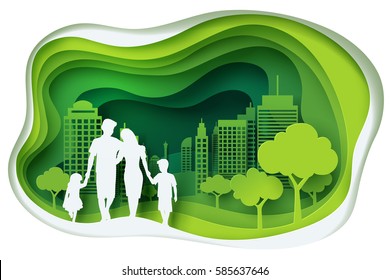 Paper art carving of family and park on green town shape, ecology idea, vector art and illustration.