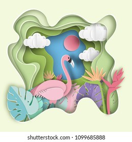 Paper art carving with flamingo , tropical leaf  background.