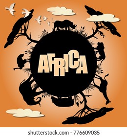 Paper art carving with landscape with african animals. Safari park. Cut style. Vector illustration.
