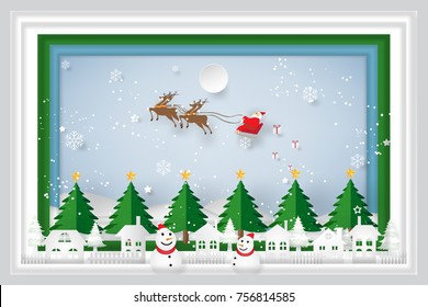 Paper art carving layer of Santa Claus on Sleigh, Reindeer, christmas tree and Snowman on snowflakes in the winter background as holiday, x'mas day and and craft style concept. vector illustration.