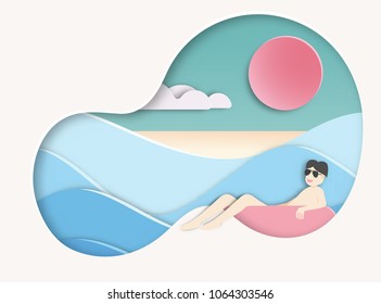 Paper art carving with men floating on  beautiful sea background  paper cut style .candy color vector style.