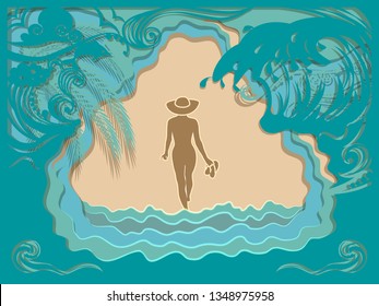Paper art carving of ocean wave, Dolphin and beach. The girl in the hat walks along the sea sandy beach. Summer vacation background. Vector illustration