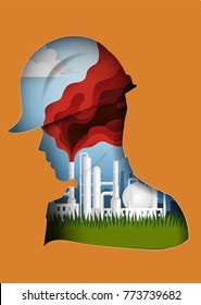 Paper art carving of Oil production plant, petrochemical plant with workers.-Vector illustration template design