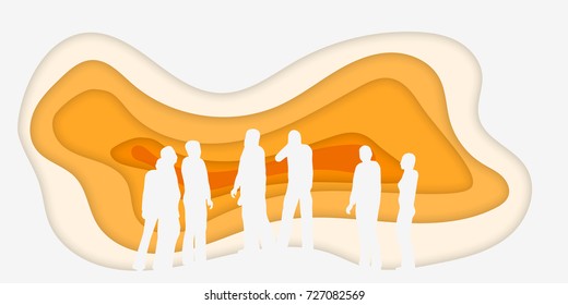 Paper art carving of people standing and speaking vector art
