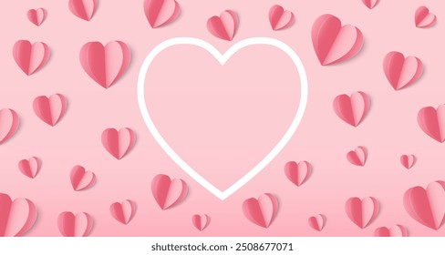 Paper art carving of Pink hearts on a pink gradient background. Design for Valentine's Day or Anniversary. Banner for showing love. Copy space for text. Vector illustration