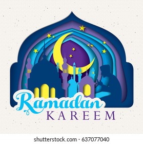 Paper art carving of Ramadan Kareem with mosque for the celebration of Muslim community festival. Vector illustration.