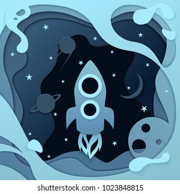 Paper art carving the rocket flying in space. Concept in blue and gray tones. Vector illustration in modern papercut style.