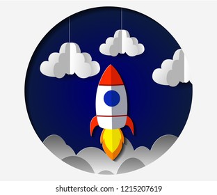 Paper art carving the rocket flying in space. Concept business idea, startup, exploration. Vector illustration in modern papercut style.