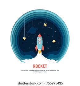 Paper art carving the rocket flying in space. Concept business idea, startup, exploration. Vector illustration in modern papercut style.