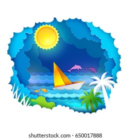 Paper art carving with Sailboat and tropical sea with palms. Including sun, clouds, sea waves. Vector illustration in cut style. Summer vacation, holidays concept. Sun shine.