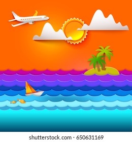 Paper art carving with sea, Sailboat, airplane, Island, palms and golden fish. Including sun, cloud, ocean waves. Vector illustration in paper cut style. Summer vacation, holidays concept. Fly to rest