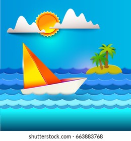 Paper art carving with sea, Sailboat, island, palms. Including sun, clouds, ocean waves. Vector illustration in paper cut style. Summer vacation, holidays concept