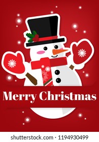 Paper art carving of snowman under Merry Christmas text in white on red background. Background paper art style. Design for Xmas and New year holidays. Vector illustration