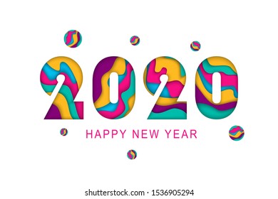 Paper art carving style design with digits 2020 for your Christmas Flyers and Greetings Card. Vector illustration.