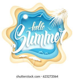 Paper art carving style design with hand drawn phrase Hello Summer and summer recreation elements. Vector illustration.