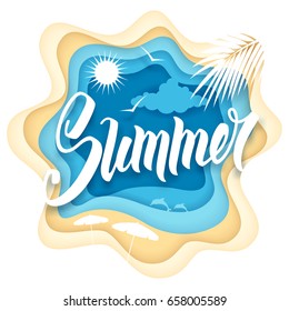 Paper Art Carving Style Design With Hand Drawn Word Summer And Summer Recreation Elements. Vector Illustration.