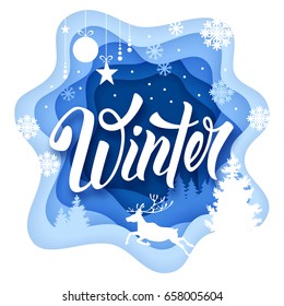 Paper art carving style design with hand drawn word Winter and winters seasonal elements. Vector illustration.