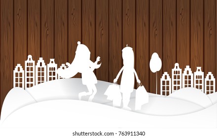 Paper art carving style design. Winter seasonal elements. Vector illustration. Girls walking in the snowdrifts with shop bags. Festive christmas and new year concept. Cutout layered  paper on wood