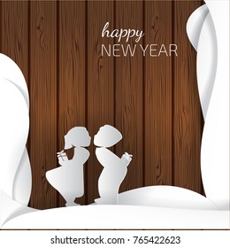 Paper art carving style design. Cute children in love. Vector illustration. Festive christmas and new year concept. Cutout layered elements on wooden background. Rustic style