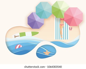 Paper art carving with top view beach . aerial view of summer beach in paper art style.paper cut and candy color style.