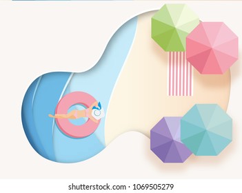 Paper art carving with  top view beach  , girl and umbrellas. aerial view of summer beach in paper art style.paper cut and candy color style.