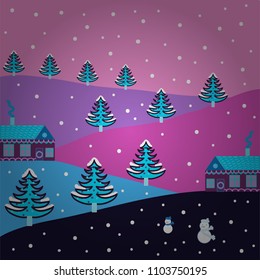 Paper art carving. Vector illustration. Paper art of happy new year house with on pink, violet and gray colors hills.