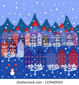 Paper art carving. Vector illustration. Paper art of happy new year house with on blue, red and white colors hills.