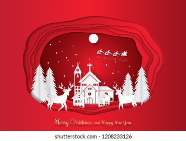 Paper art carving of winter holiday snow in town background with santa, deer and tree, vector illustration